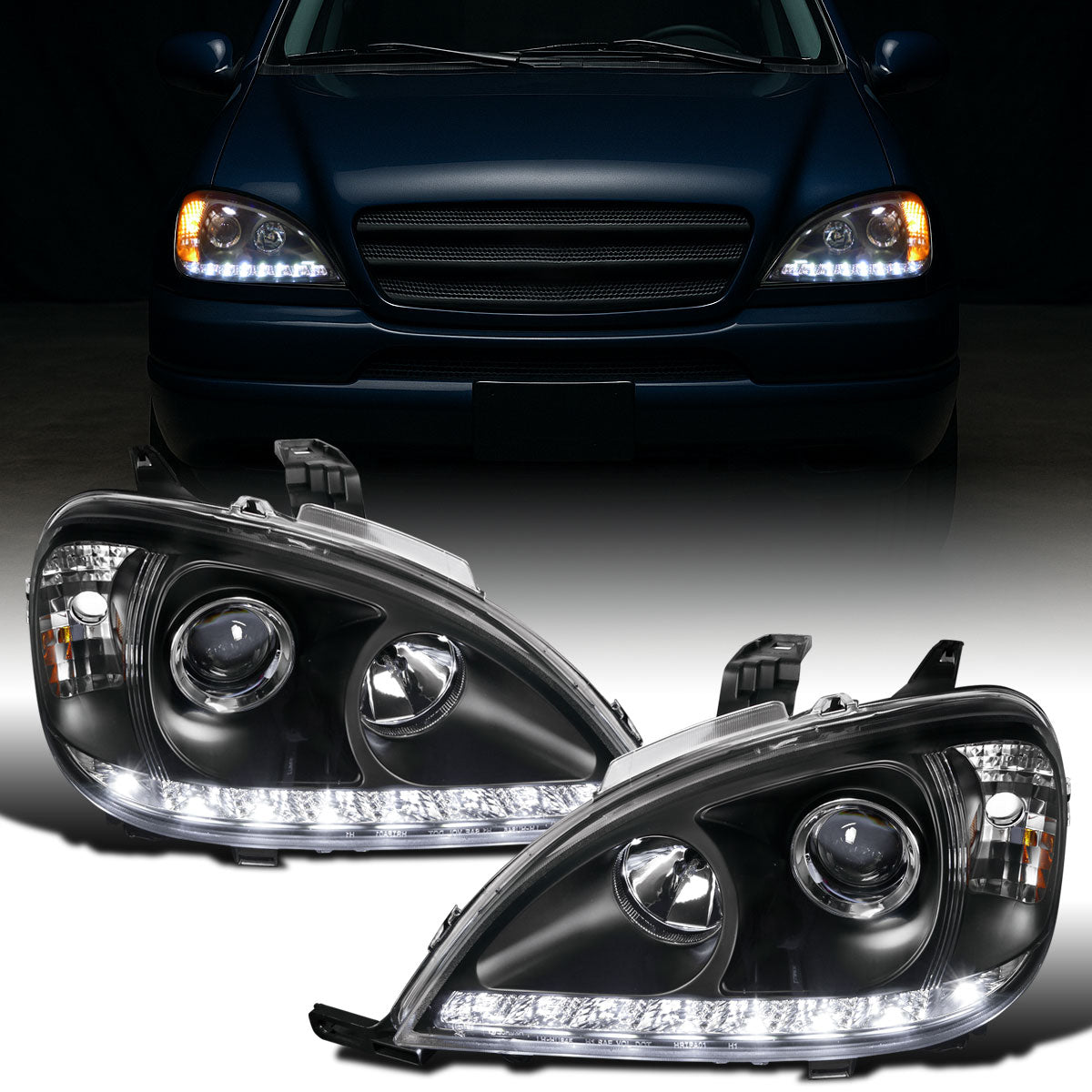 Ronnin - Se adapta a Mercedes-Benz ML320 ML430 de 1998-2001 con especificaciones de EE. UU. Juego de faros delanteros con proyector halógeno y luces de circulación diurna LED de repuesto mejoradas | Negros