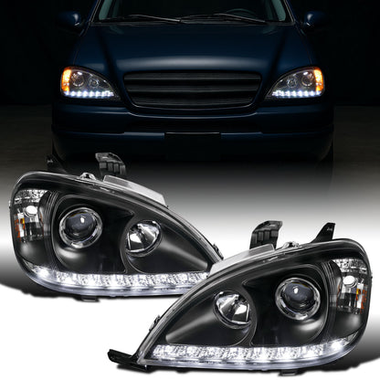 Ronnin - Se adapta a Mercedes-Benz ML320 ML430 de 1998-2001 con especificaciones de EE. UU. Juego de faros delanteros con proyector halógeno y luces de circulación diurna LED de repuesto mejoradas | Negros