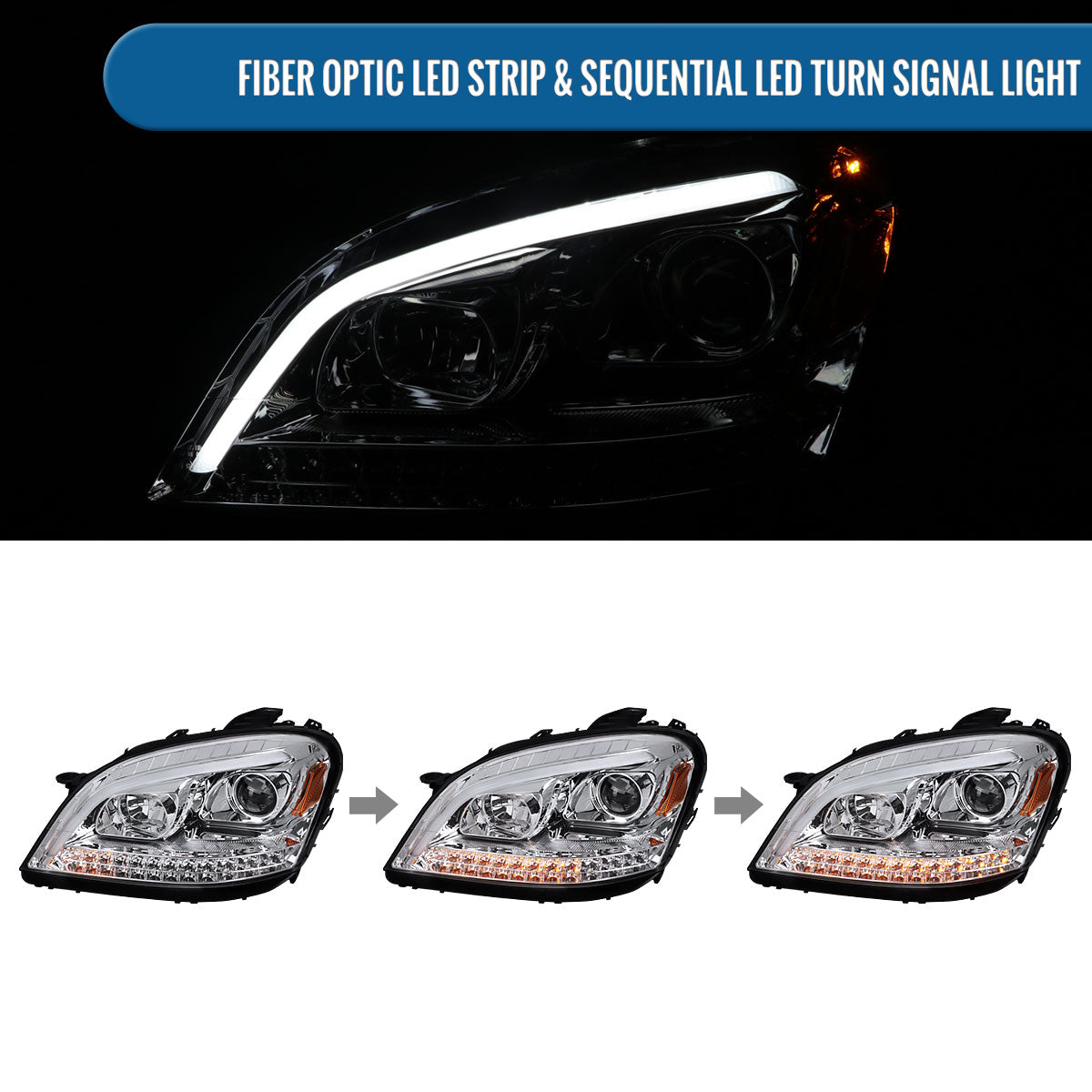 Ronnin - Fits 2006-2008 Mercedes-Benz US Spec ML350 ML500 ML320 LED Sequential Turn Signals Halogen Projector Headlights Assembly Pair | Chrome