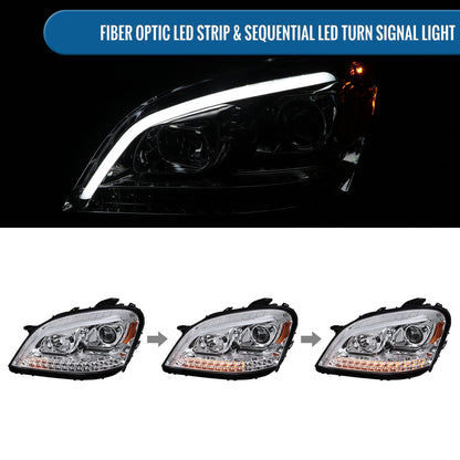 Ronnin - Fits 2006-2008 Mercedes-Benz US Spec ML350 ML500 ML320 LED Sequential Turn Signals Halogen Projector Headlights Assembly Pair | Chrome