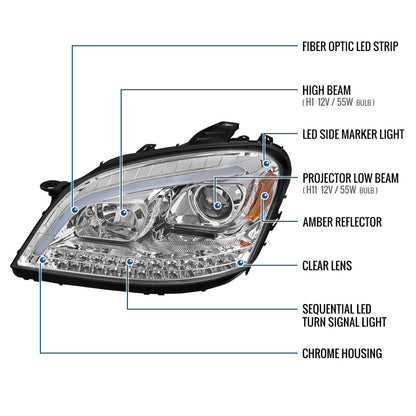 Ronnin - Fits 2006-2008 Mercedes-Benz US Spec ML350 ML500 ML320 LED Sequential Turn Signals Halogen Projector Headlights Assembly Pair | Chrome