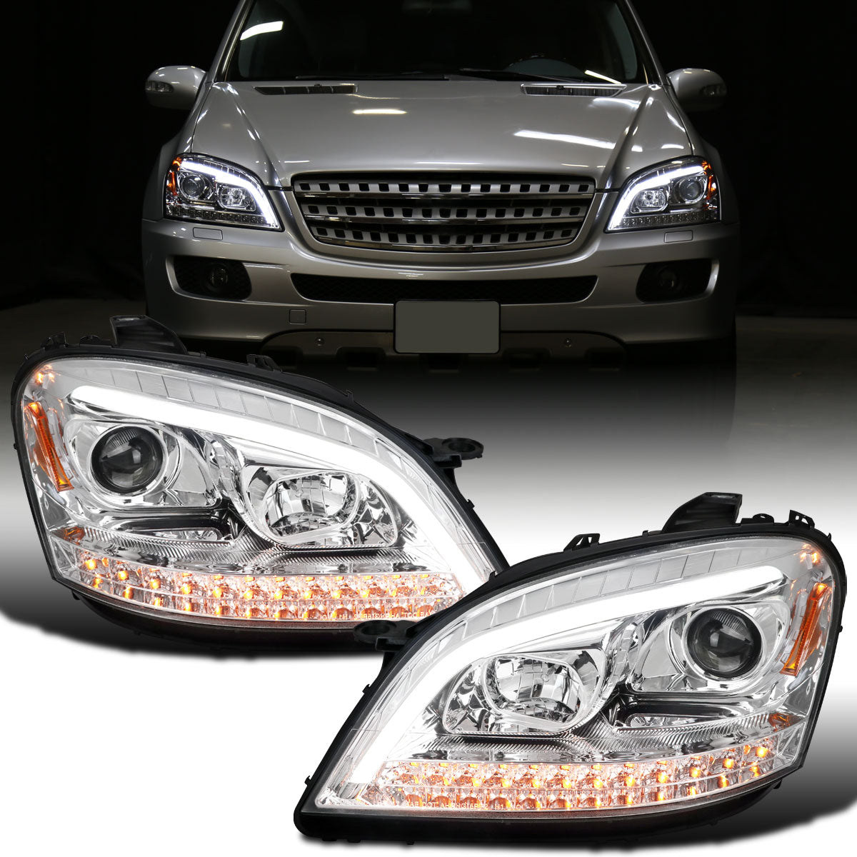 Ronnin - Fits 2006-2008 Mercedes-Benz US Spec ML350 ML500 ML320 LED Sequential Turn Signals Halogen Projector Headlights Assembly Pair | Chrome