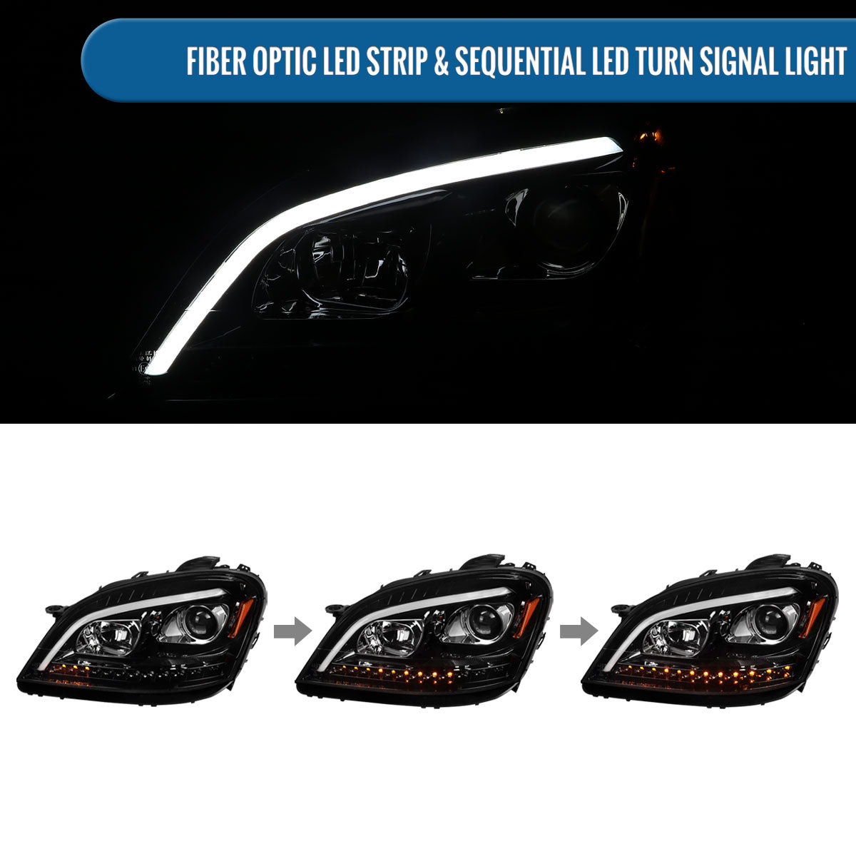 2006-2008 Mercedes-Benz US Spec ML350 ML500 ML320 LED Sequential Turn Signals Halogen Projector Headlights Assembly Pair | Gloss Black