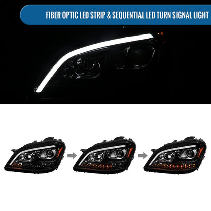 2006-2008 Mercedes-Benz US Spec ML350 ML500 ML320 LED Sequential Turn Signals Halogen Projector Headlights Assembly Pair | Gloss Black