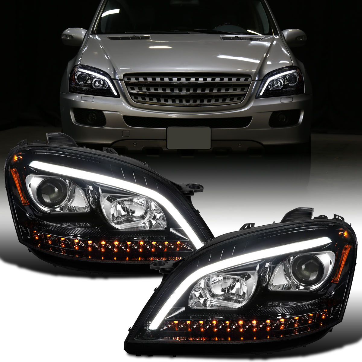 2006-2008 Mercedes-Benz US Spec ML350 ML500 ML320 LED Sequential Turn Signals Halogen Projector Headlights Assembly Pair | Gloss Black