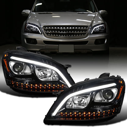 2006-2008 Mercedes-Benz US Spec ML350 ML500 ML320 LED Sequential Turn Signals Halogen Projector Headlights Assembly Pair | Gloss Black