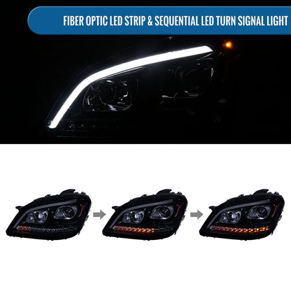 Ronnin - Compatible con Mercedes-Benz ML350 ML500 ML320 con especificaciones estadounidenses de 2006-2008. Ensamblaje de faros delanteros con proyector halógeno y señales de giro LED secuenciales, par | Ahumado