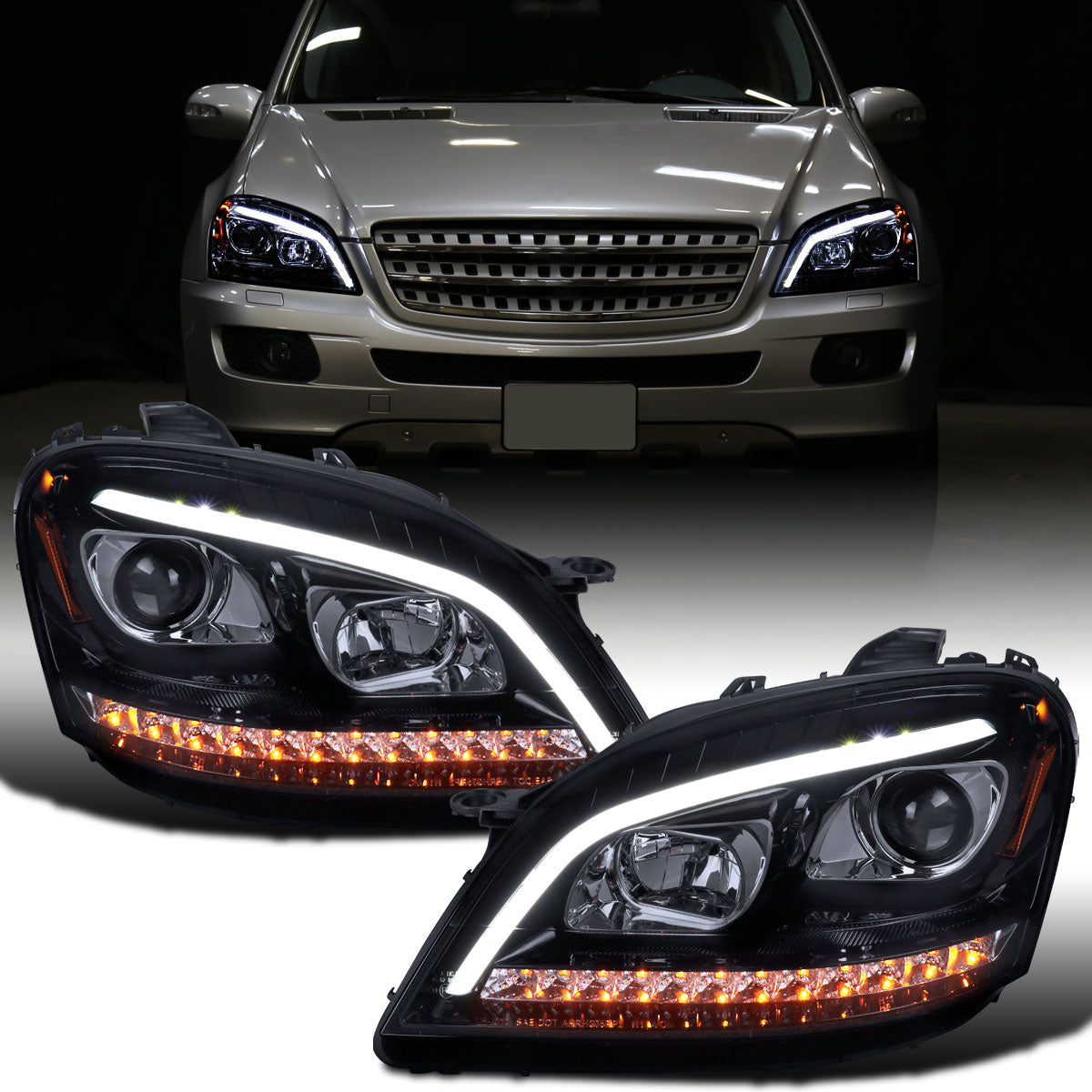 Ronnin - Compatible con Mercedes-Benz ML350 ML500 ML320 con especificaciones estadounidenses de 2006-2008. Ensamblaje de faros delanteros con proyector halógeno y señales de giro LED secuenciales, par | Ahumado