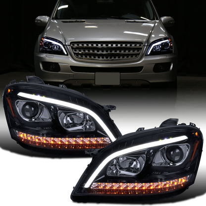 Ronnin - Compatible con Mercedes-Benz ML350 ML500 ML320 con especificaciones estadounidenses de 2006-2008. Ensamblaje de faros delanteros con proyector halógeno y señales de giro LED secuenciales, par | Ahumado
