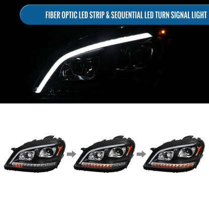 Ronnin - Se adapta a Mercedes-Benz ML350 ML500 ML320 con especificaciones estadounidenses de 2006-2008, conjunto de faros delanteros con proyector halógeno y señales de giro LED secuenciales | Par Negro