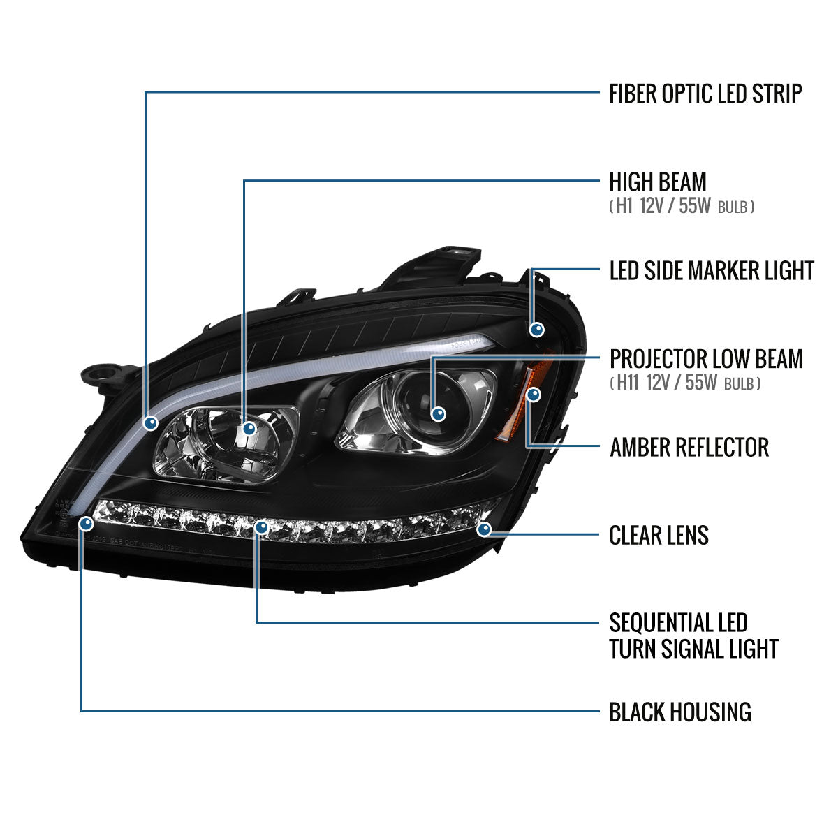 Ronnin - Se adapta a Mercedes-Benz ML350 ML500 ML320 con especificaciones estadounidenses de 2006-2008, conjunto de faros delanteros con proyector halógeno y señales de giro LED secuenciales | Par Negro