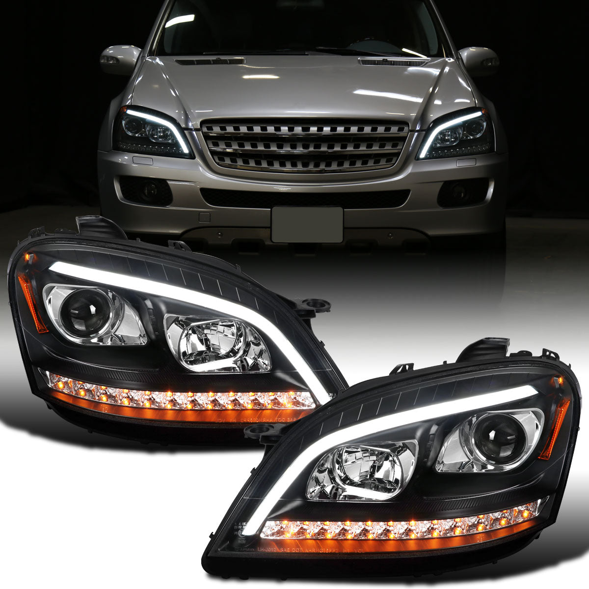 Ronnin - Se adapta a Mercedes-Benz ML350 ML500 ML320 con especificaciones estadounidenses de 2006-2008, conjunto de faros delanteros con proyector halógeno y señales de giro LED secuenciales | Par Negro