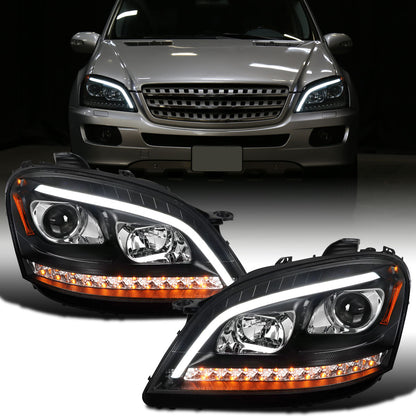 Ronnin - Se adapta a Mercedes-Benz ML350 ML500 ML320 con especificaciones estadounidenses de 2006-2008, conjunto de faros delanteros con proyector halógeno y señales de giro LED secuenciales | Par Negro