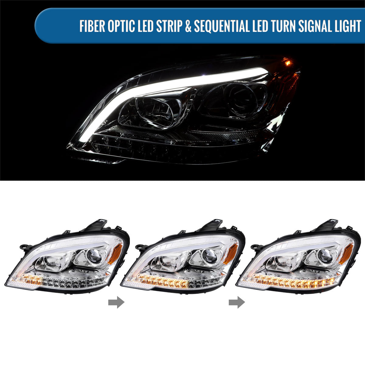 Ronnin - Compatible con Mercedes Benz ML350 ML320 ML550 de 2009-2011 (Especificaciones de EE. UU.) Faro delantero con proyector halógeno y señales de giro LED secuenciales, par | Cromado