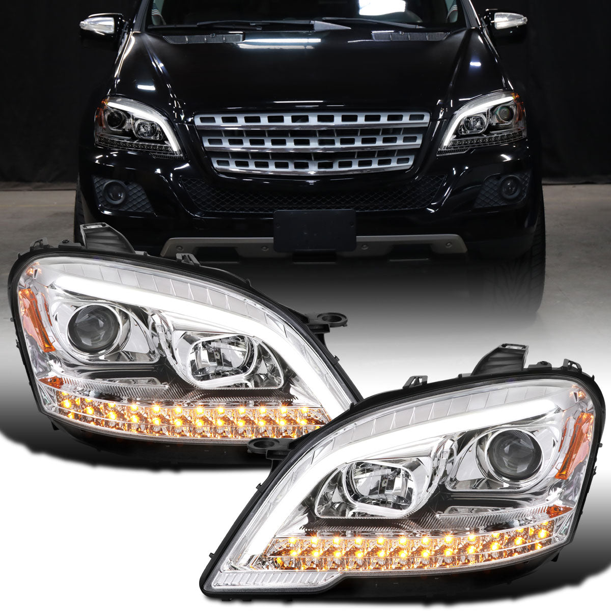 Ronnin - Compatible con Mercedes Benz ML350 ML320 ML550 de 2009-2011 (Especificaciones de EE. UU.) Faro delantero con proyector halógeno y señales de giro LED secuenciales, par | Cromado