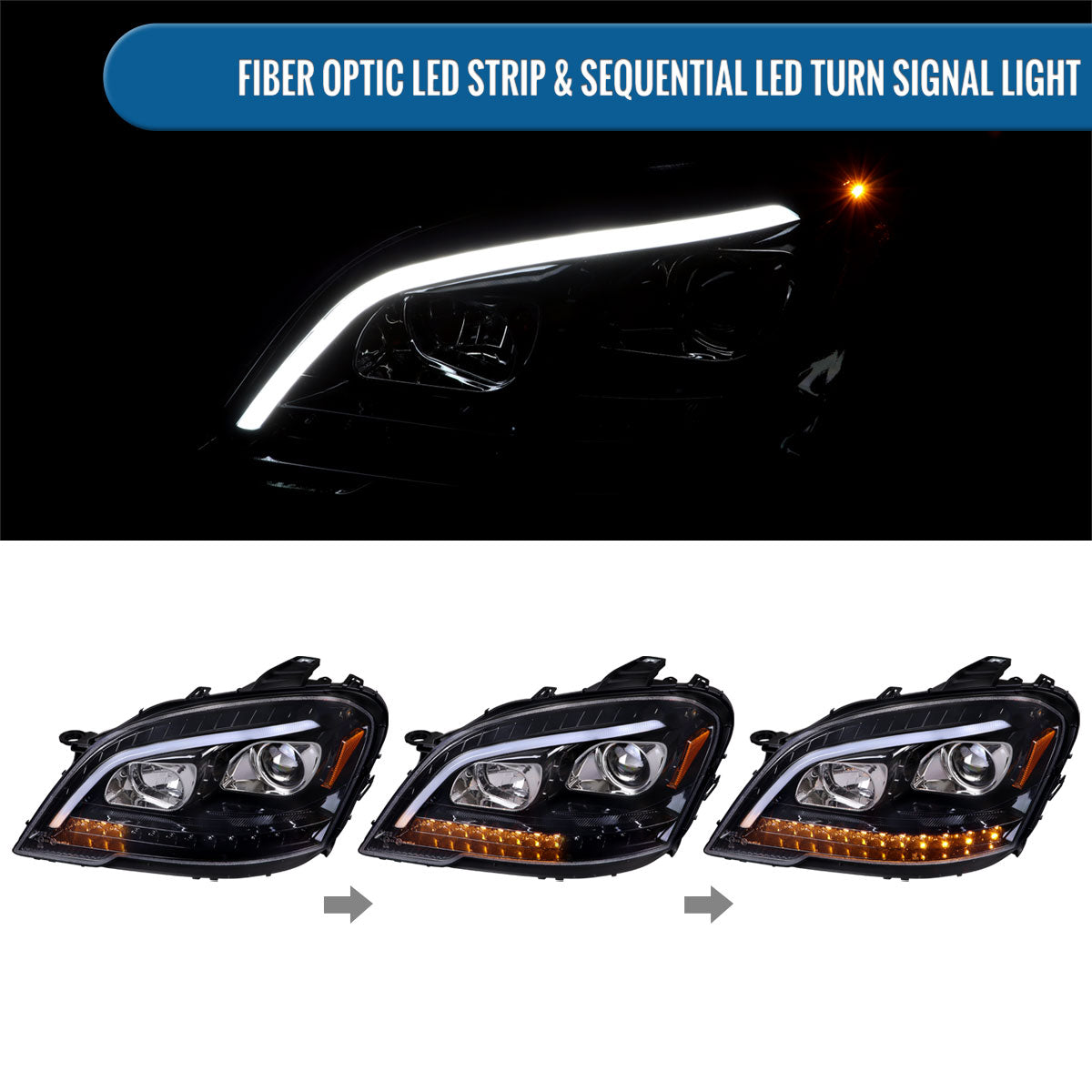 Ronnin - Fits 2009-2011 Mercedes Benz ML350 ML320 ML550 US Spec Upgraded Replacement LED Sequential Turn Signals Halogen Projector Headlights Assembly Pair | Gloss Black