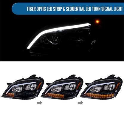 Ronnin - Fits 2009-2011 Mercedes Benz ML350 ML320 ML550 US Spec Upgraded Replacement LED Sequential Turn Signals Halogen Projector Headlights Assembly Pair | Gloss Black