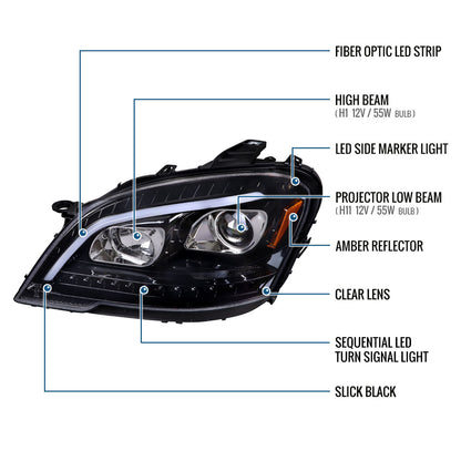Ronnin - Fits 2009-2011 Mercedes Benz ML350 ML320 ML550 US Spec Upgraded Replacement LED Sequential Turn Signals Halogen Projector Headlights Assembly Pair | Gloss Black