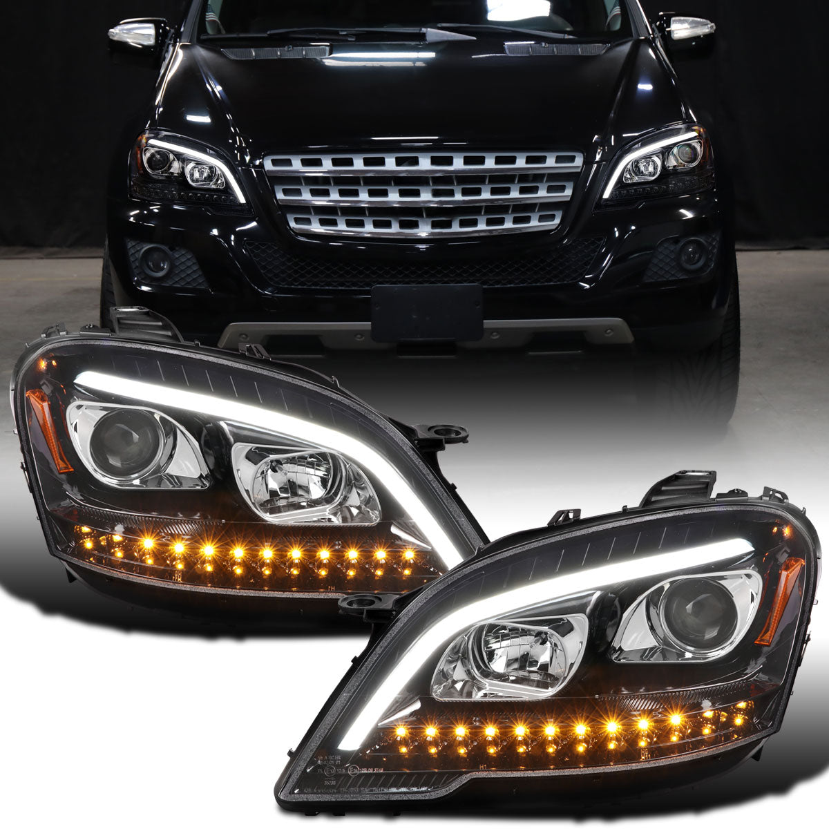 Ronnin - Fits 2009-2011 Mercedes Benz ML350 ML320 ML550 US Spec Upgraded Replacement LED Sequential Turn Signals Halogen Projector Headlights Assembly Pair | Gloss Black