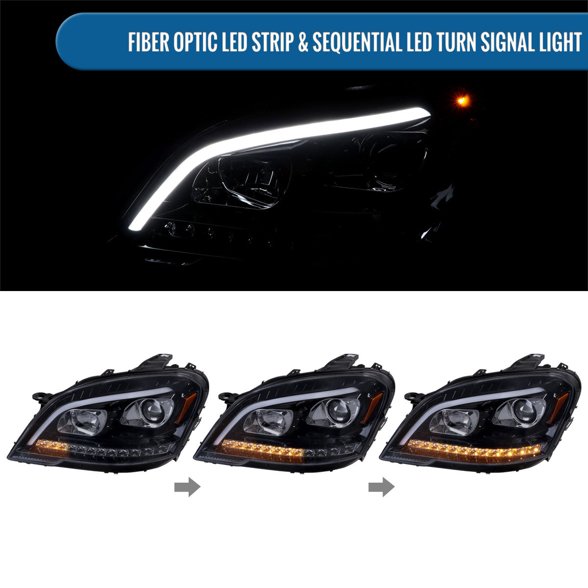 Ronnin - Fits 2009-2011 Mercedes Benz ML350 ML320 ML550 US Spec Upgraded Replacement LED Sequential Turn Signals Halogen Projector Headlights Assembly Pair | Black Smoke