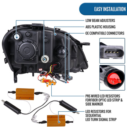 Ronnin - Fits 2009-2011 Mercedes Benz ML350 ML320 ML550 US Spec Upgraded Replacement LED Sequential Turn Signals Halogen Projector Headlights Assembly Pair | Black Smoke