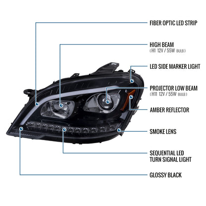 Ronnin - Fits 2009-2011 Mercedes Benz ML350 ML320 ML550 US Spec Upgraded Replacement LED Sequential Turn Signals Halogen Projector Headlights Assembly Pair | Black Smoke