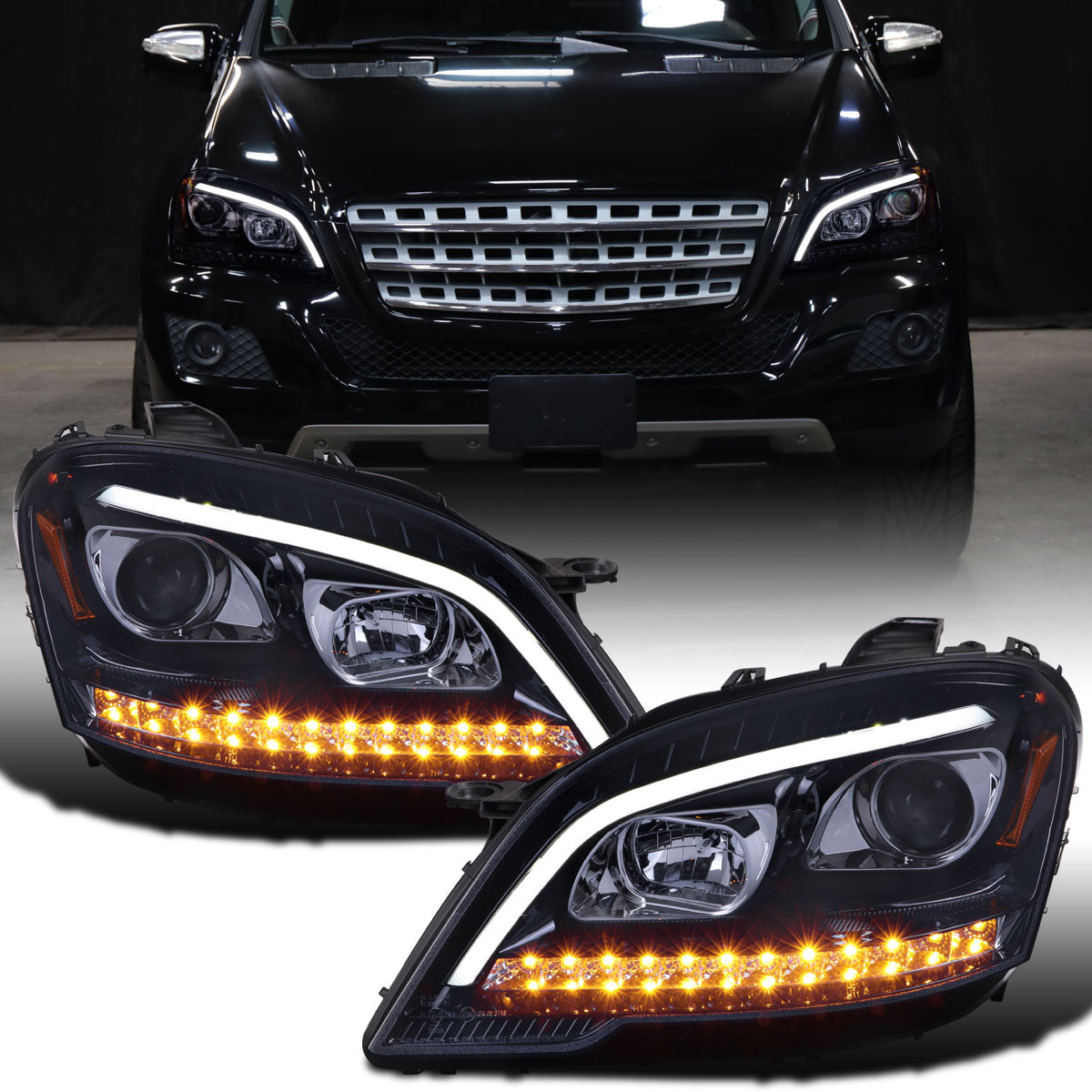 Ronnin - Fits 2009-2011 Mercedes Benz ML350 ML320 ML550 US Spec Upgraded Replacement LED Sequential Turn Signals Halogen Projector Headlights Assembly Pair | Black Smoke