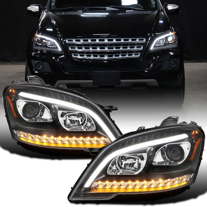 Ronnin - Se adapta a Mercedes Benz ML350 ML320 ML550 2009-2011, intermitentes LED secuenciales mejorados de repuesto con proyector halógeno, conjunto de faros delanteros (par) | Negro