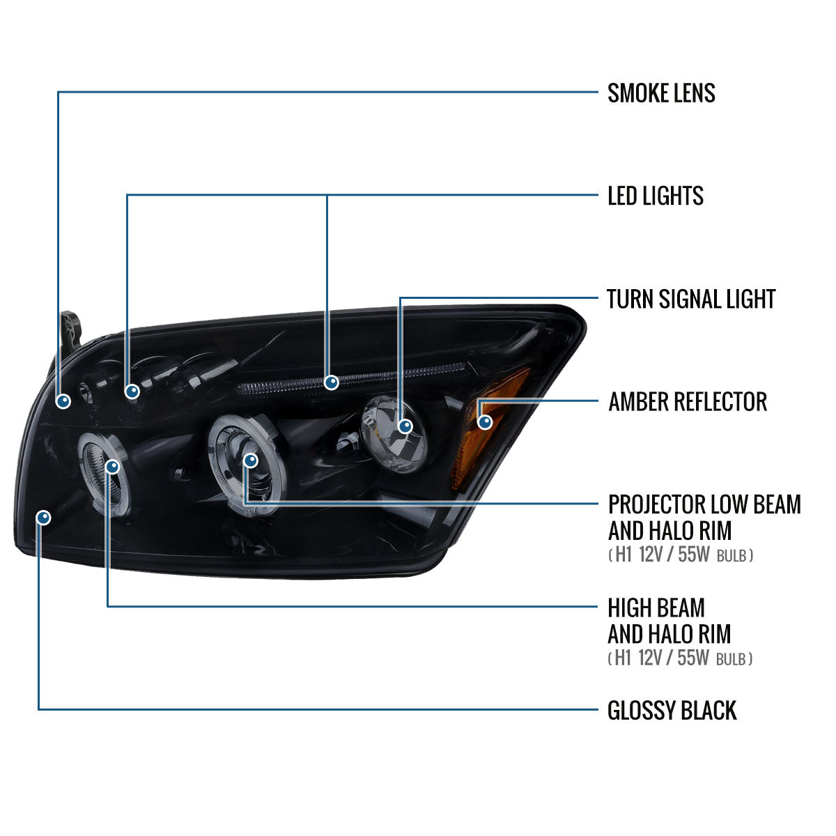 Ronnin - Compatible con Dodge Caliber 2007-2012, faros proyectores LED mejorados con doble aro y luces diurnas, par | Negro Ahumado