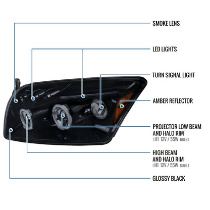 Ronnin - Compatible con Dodge Caliber 2007-2012, faros proyectores LED mejorados con doble aro y luces diurnas, par | Negro Ahumado