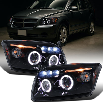 Ronnin - Compatible con Dodge Caliber 2007-2012, faros proyectores LED mejorados con doble aro y luces diurnas, par | Negro Ahumado
