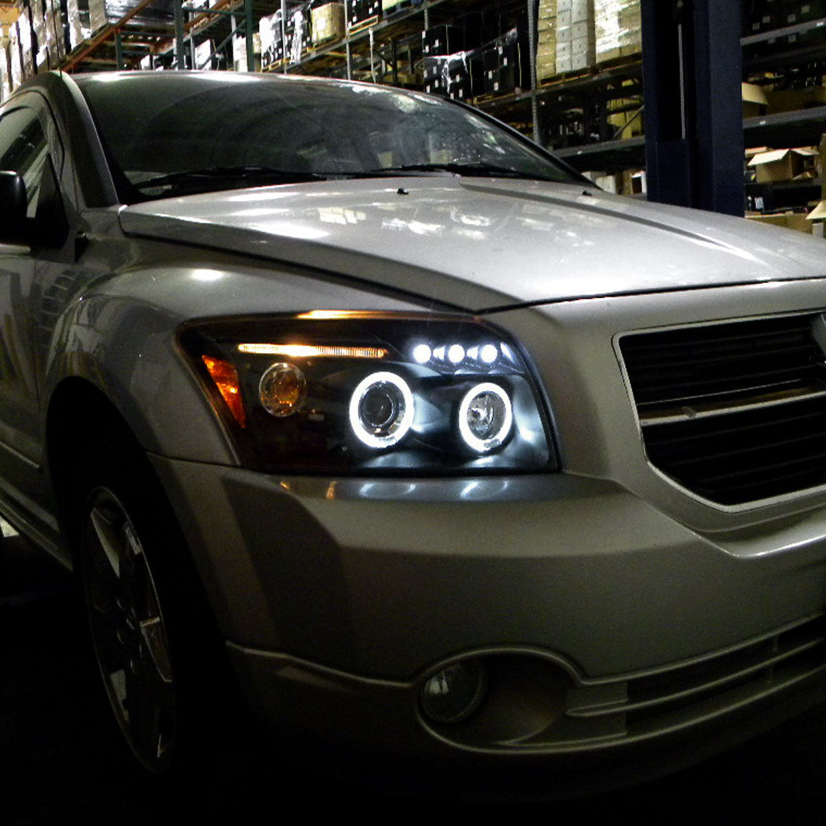 Ronnin - Compatible con Dodge Caliber 2007-2012 Faros Proyectores LED Mejorados de Doble Aro con Luces Diurnas, Par | Negro