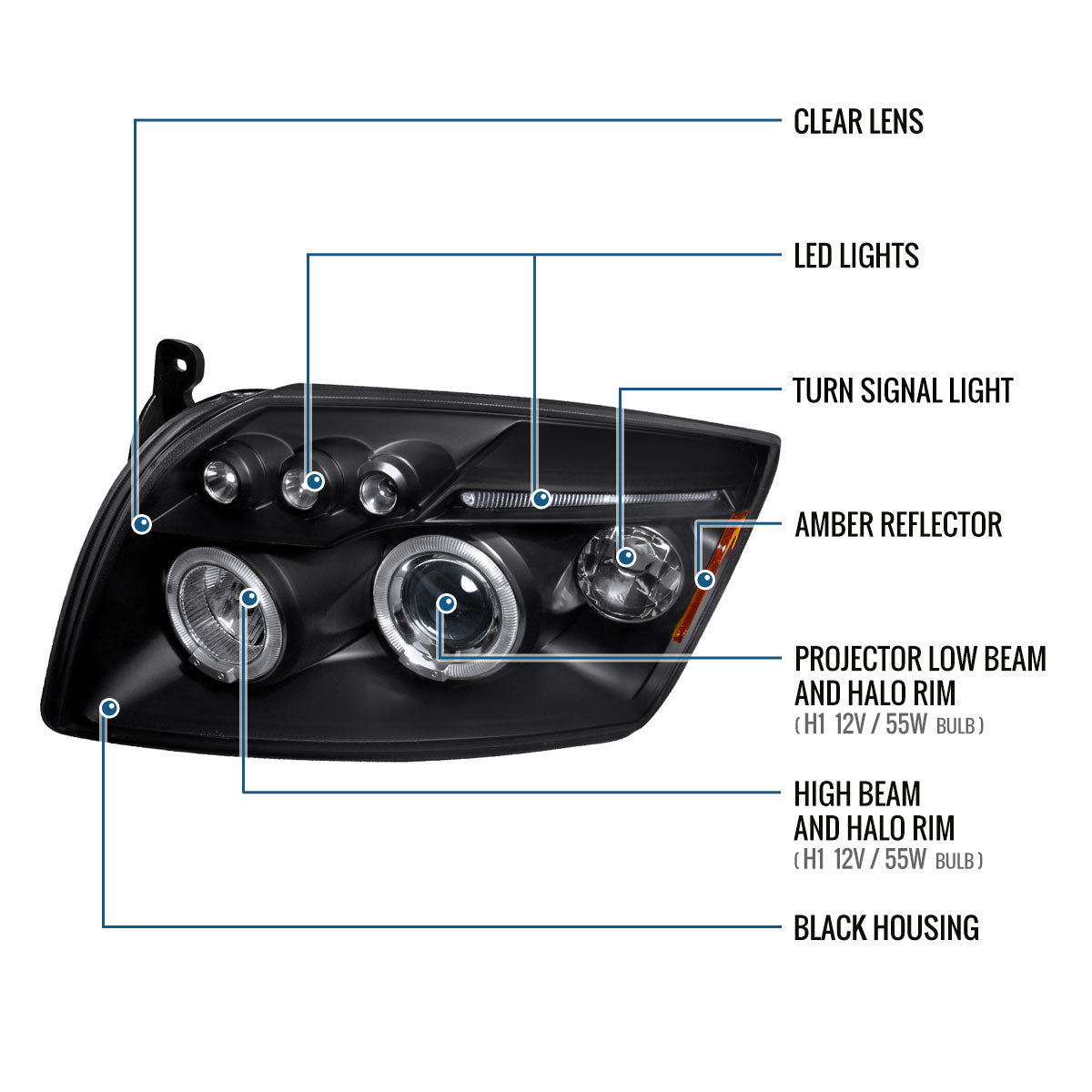 Ronnin - Compatible con Dodge Caliber 2007-2012 Faros Proyectores LED Mejorados de Doble Aro con Luces Diurnas, Par | Negro