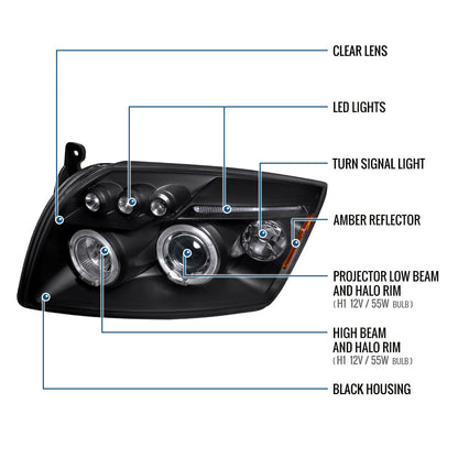 Ronnin - Compatible con Dodge Caliber 2007-2012 Faros Proyectores LED Mejorados de Doble Aro con Luces Diurnas, Par | Negro