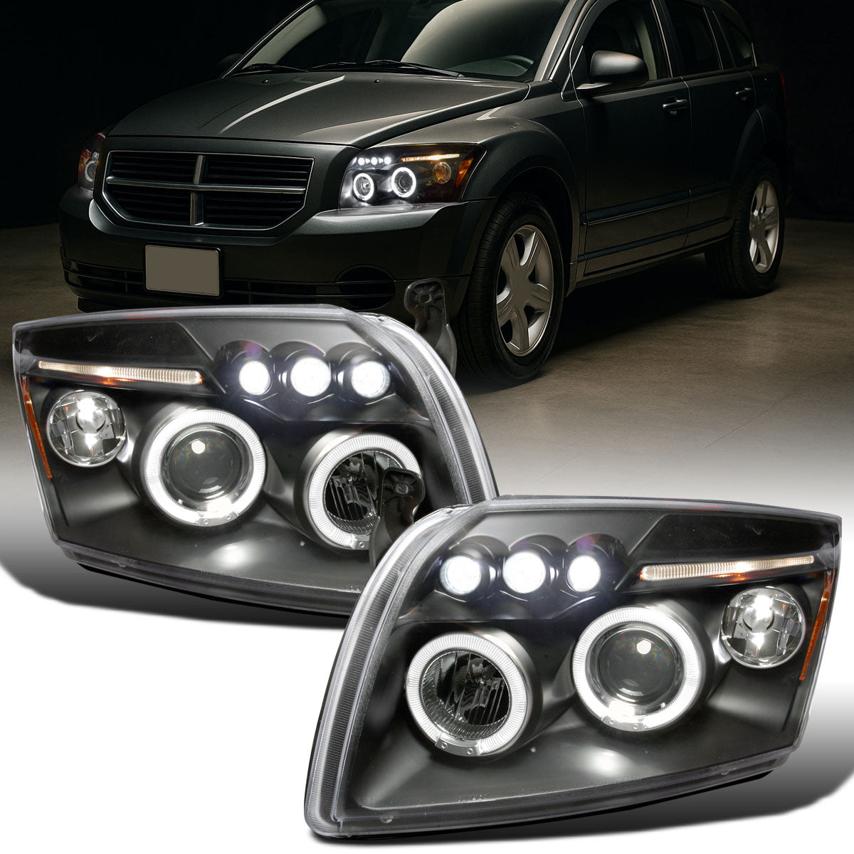 Ronnin - Compatible con Dodge Caliber 2007-2012 Faros Proyectores LED Mejorados de Doble Aro con Luces Diurnas, Par | Negro