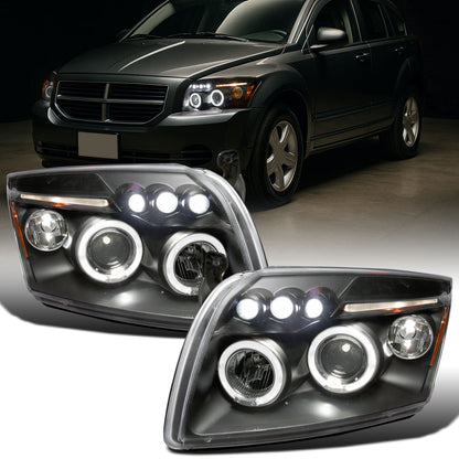 Ronnin - Compatible con Dodge Caliber 2007-2012 Faros Proyectores LED Mejorados de Doble Aro con Luces Diurnas, Par | Negro