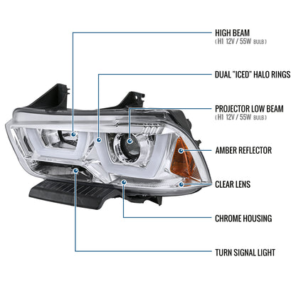 Ronnin - Fits 2011-2014 Dodge Charger Upgraded LED U-Shaped Dual Halo Rims Halogen Projector Headlights Assembly Pair | Chrome