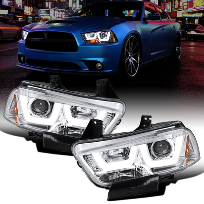 Ronnin - Fits 2011-2014 Dodge Charger Upgraded LED U-Shaped Dual Halo Rims Halogen Projector Headlights Assembly Pair | Chrome