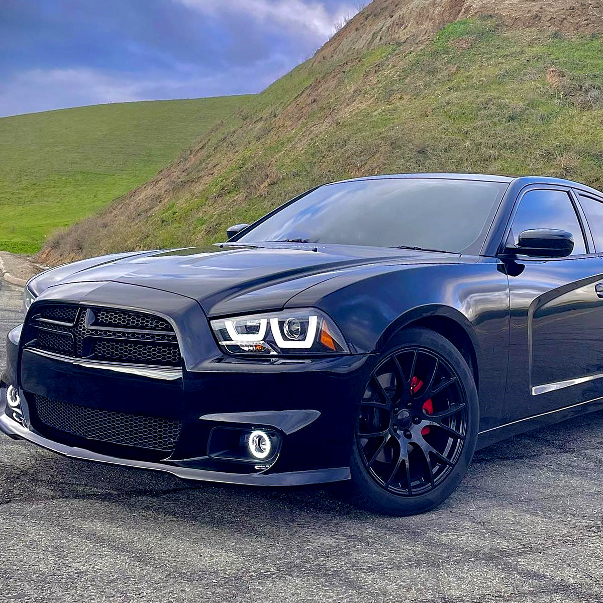 Ronnin - Fits 2011-2014 Dodge Charger Upgraded LED U-Shaped Dual Halo Rims Halogen Projector Headlights Assembly Pair | Gloss Black