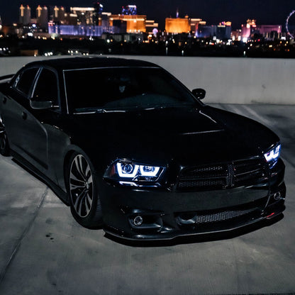 Ronnin - Fits 2011-2014 Dodge Charger Upgraded LED U-Shaped Dual Halo Rims Halogen Projector Headlights Assembly Pair | Gloss Black