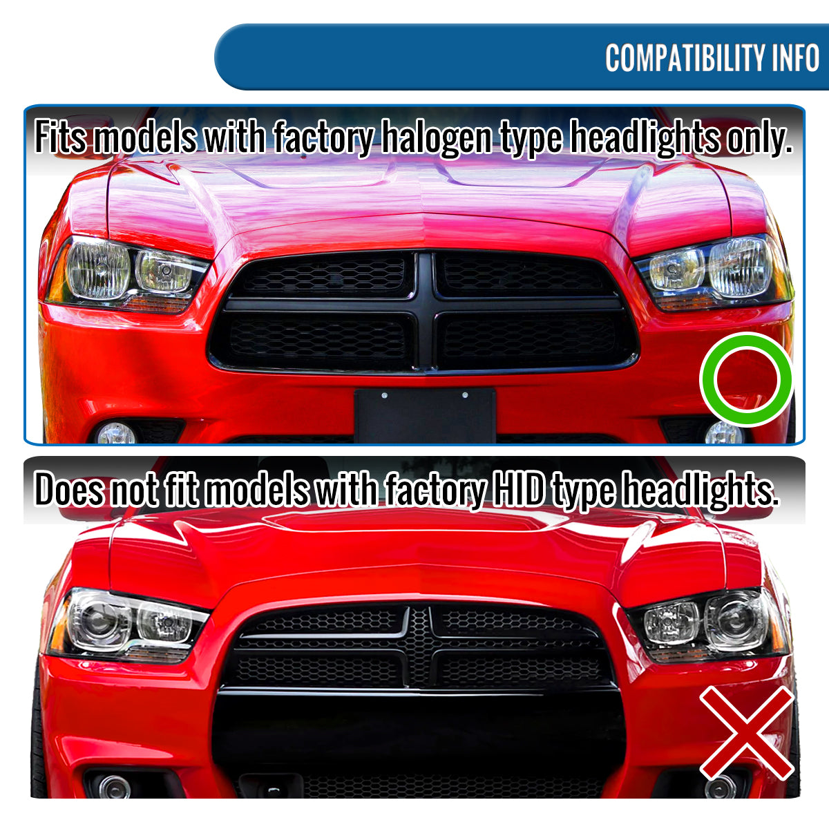 Ronnin - Fits 2011-2014 Dodge Charger Upgraded LED U-Shaped Dual Halo Rims Halogen Projector Headlights Assembly Pair | Gloss Black