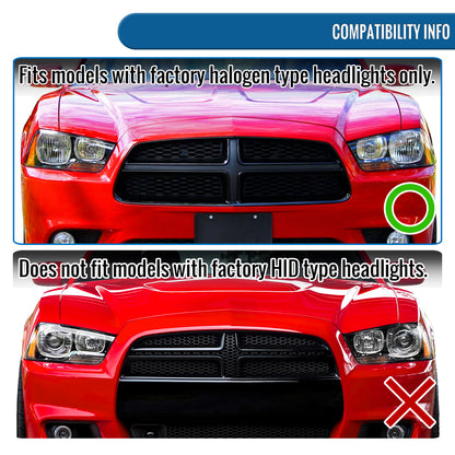 Ronnin - Fits 2011-2014 Dodge Charger Upgraded LED U-Shaped Dual Halo Rims Halogen Projector Headlights Assembly Pair | Gloss Black