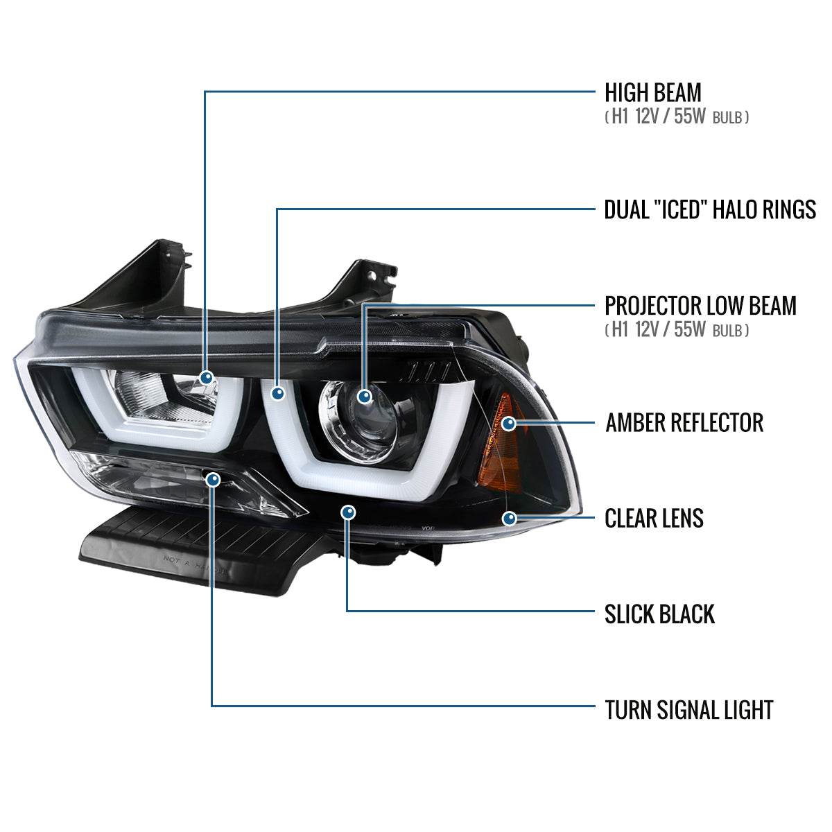 Ronnin - Fits 2011-2014 Dodge Charger Upgraded LED U-Shaped Dual Halo Rims Halogen Projector Headlights Assembly Pair | Gloss Black