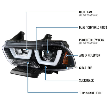 Ronnin - Fits 2011-2014 Dodge Charger Upgraded LED U-Shaped Dual Halo Rims Halogen Projector Headlights Assembly Pair | Gloss Black