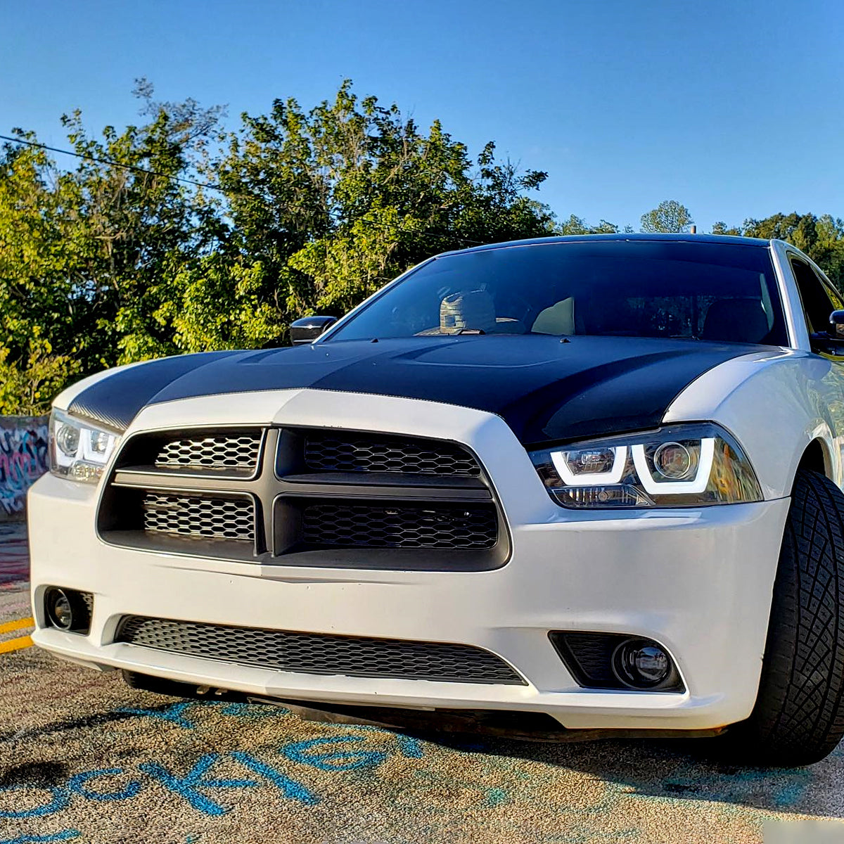 Ronnin - Fits 2011-2014 Dodge Charger Upgraded LED U-Shaped Dual Halo Rims Halogen Projector Headlights Assembly Pair | Gloss Black