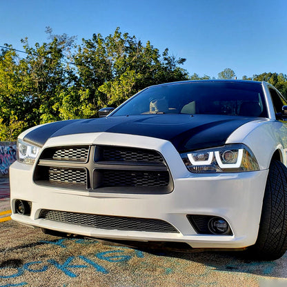 Ronnin - Fits 2011-2014 Dodge Charger Upgraded LED U-Shaped Dual Halo Rims Halogen Projector Headlights Assembly Pair | Gloss Black