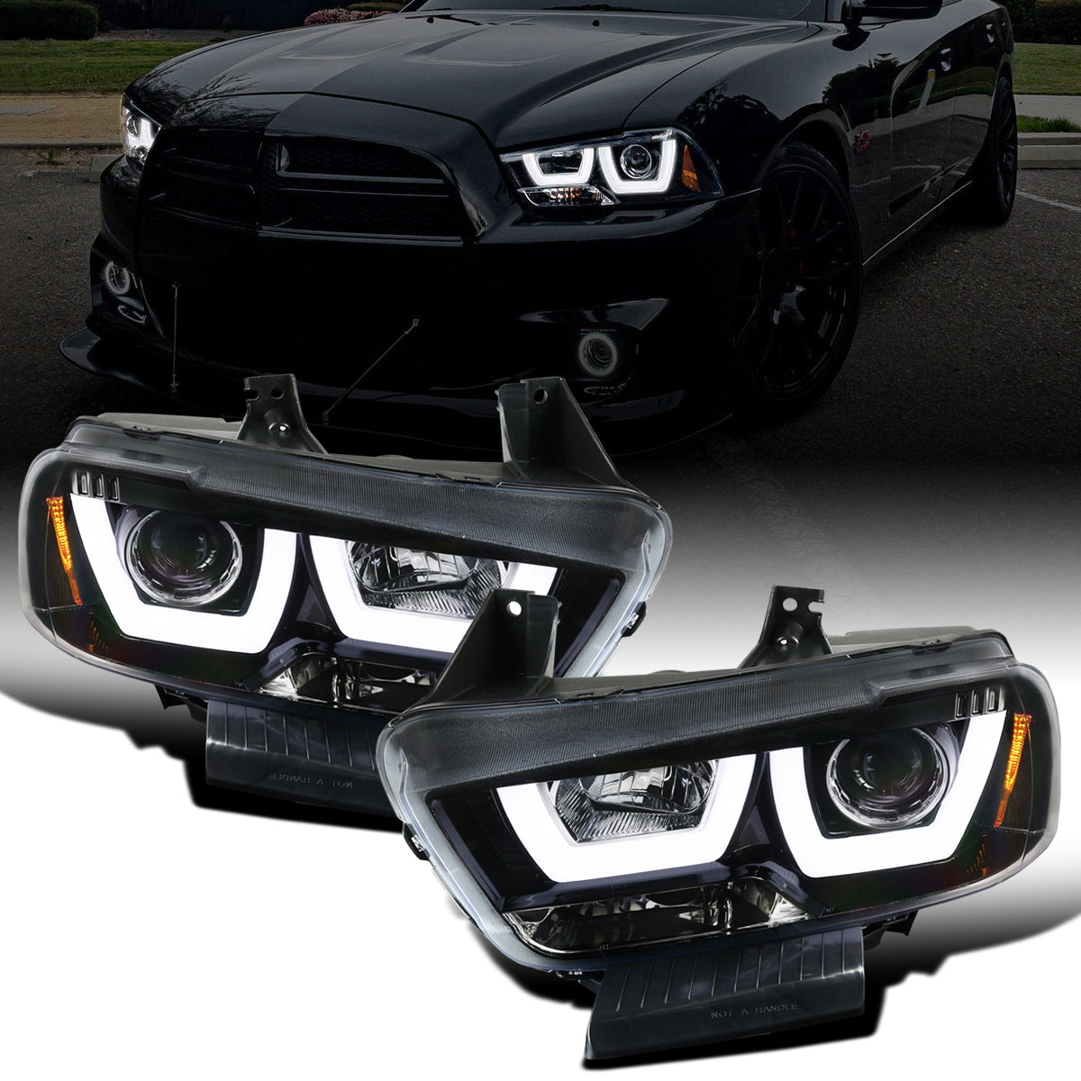 Ronnin - Fits 2011-2014 Dodge Charger Upgraded LED U-Shaped Dual Halo Rims Halogen Projector Headlights Assembly Pair | Gloss Black