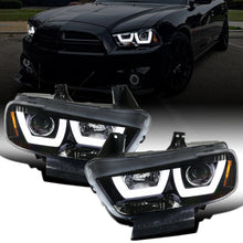 Ronnin - Fits 2011-2014 Dodge Charger Upgraded LED U-Shaped Dual Halo Rims Halogen Projector Headlights Assembly Pair | Gloss Black