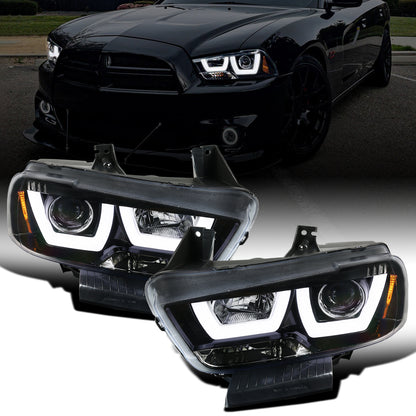 Ronnin - Fits 2011-2014 Dodge Charger Upgraded LED U-Shaped Dual Halo Rims Halogen Projector Headlights Assembly Pair | Gloss Black