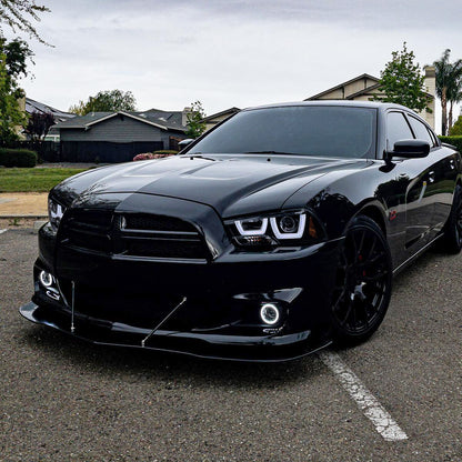 Ronnin - Fits 2011-2014 Dodge Charger Upgraded LED U-Shaped Dual Halo Rims Halogen Projector Headlights Assembly Pair | Black Smoke